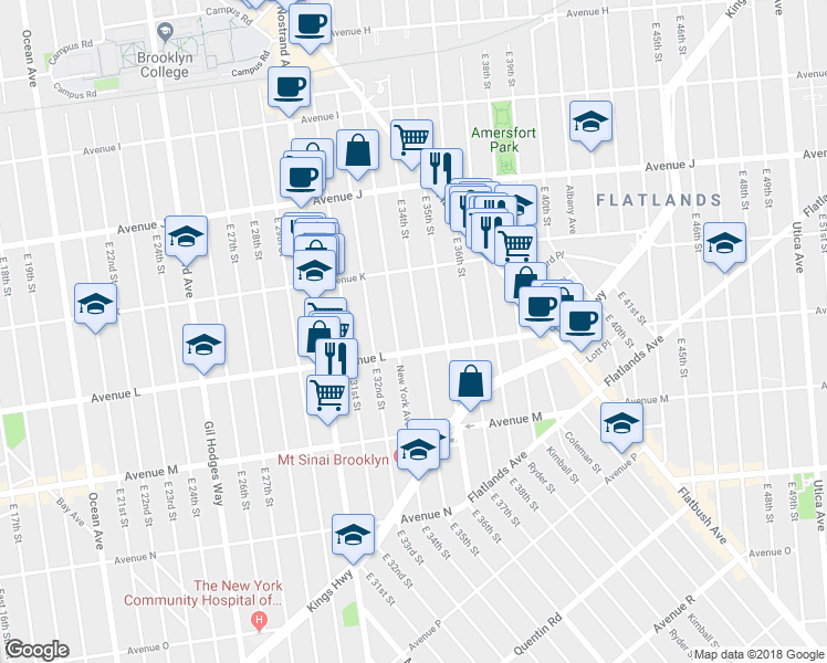 map of restaurants, bars, coffee shops, grocery stores, and more near 1338 East 34th Street in Brooklyn