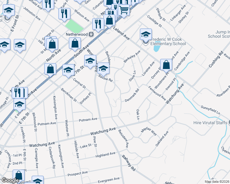 map of restaurants, bars, coffee shops, grocery stores, and more near 622 Berkeley Avenue in Plainfield