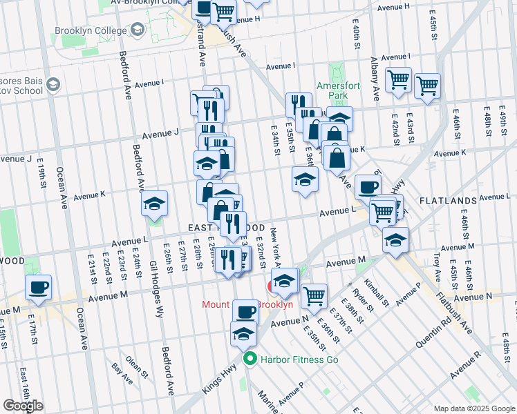 map of restaurants, bars, coffee shops, grocery stores, and more near 1169 East 32nd Street in Brooklyn
