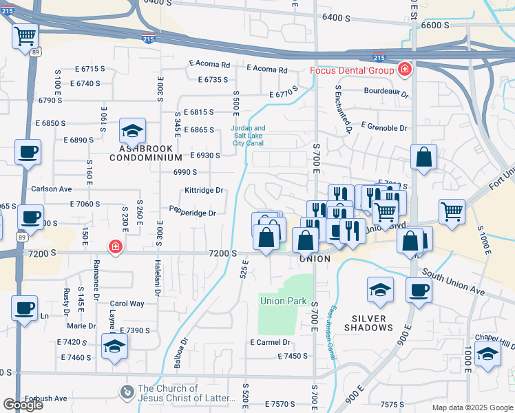 map of restaurants, bars, coffee shops, grocery stores, and more near 579 East Villager Lane in Midvale
