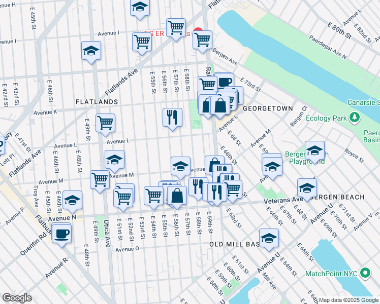 map of restaurants, bars, coffee shops, grocery stores, and more near 1292 East 58th Street in Brooklyn
