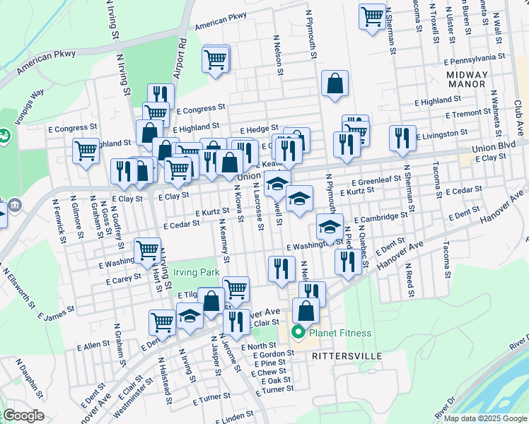 map of restaurants, bars, coffee shops, grocery stores, and more near 845 North Lacrosse Street in Allentown