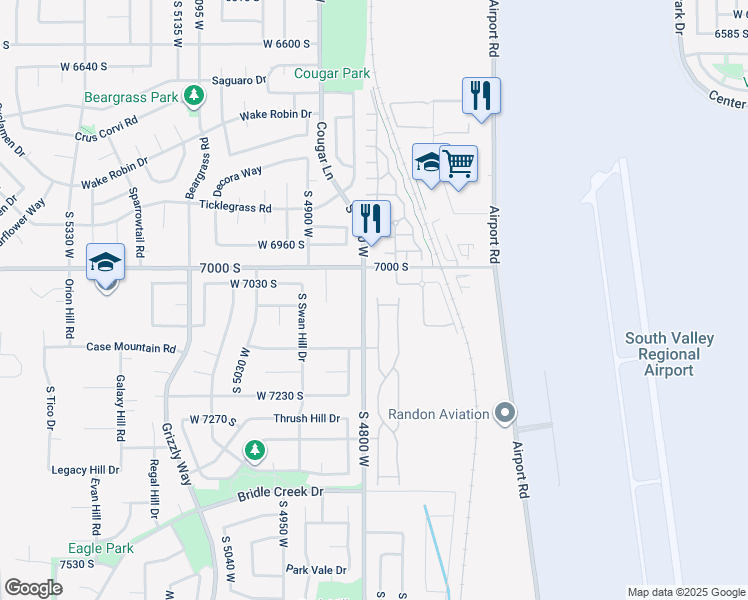 map of restaurants, bars, coffee shops, grocery stores, and more near 7074 South Kristilyn Lane in West Jordan