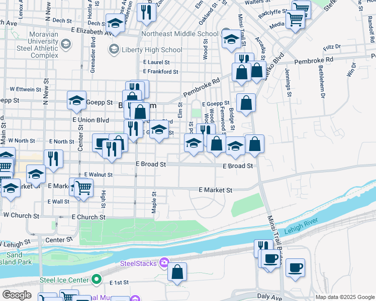 map of restaurants, bars, coffee shops, grocery stores, and more near 631 Dellwood Street in Bethlehem