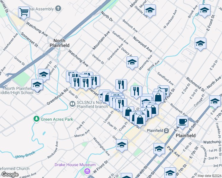 map of restaurants, bars, coffee shops, grocery stores, and more near 37 Jackson Avenue in North Plainfield