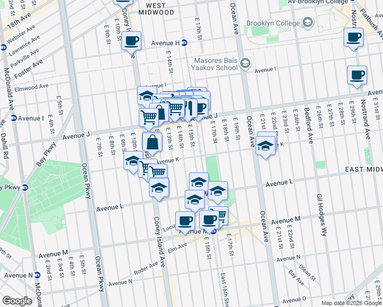 map of restaurants, bars, coffee shops, grocery stores, and more near 1417 Avenue K in Brooklyn