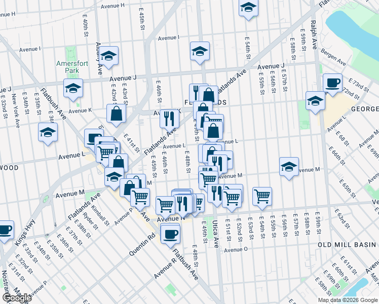 map of restaurants, bars, coffee shops, grocery stores, and more near 1539 East 48th Street in Brooklyn