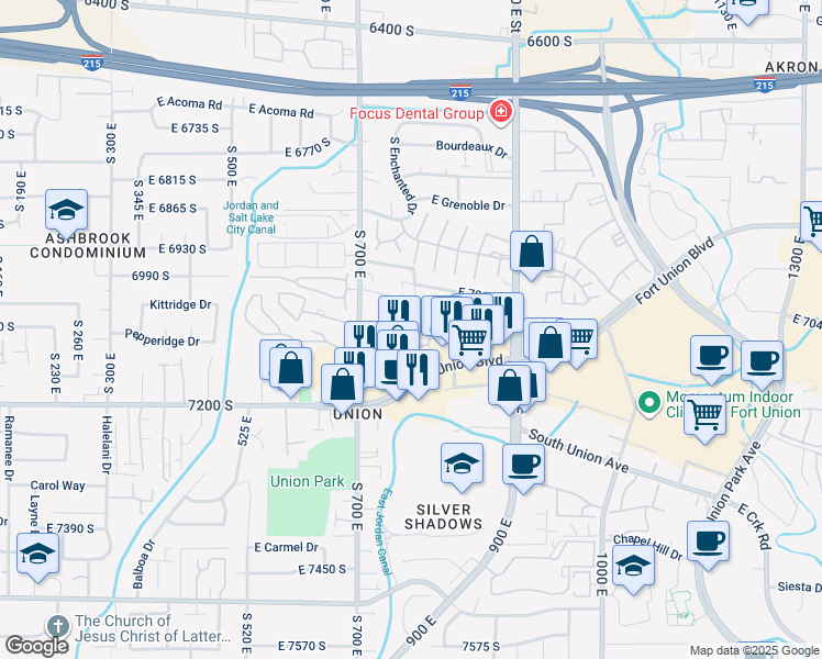 map of restaurants, bars, coffee shops, grocery stores, and more near 762 East Gables Lane in Midvale