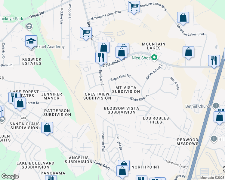 map of restaurants, bars, coffee shops, grocery stores, and more near 1059 Eagle Nest Road in Redding