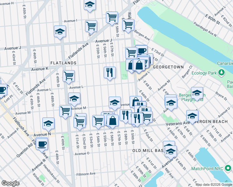 map of restaurants, bars, coffee shops, grocery stores, and more near 1237 East 57th Street in Brooklyn