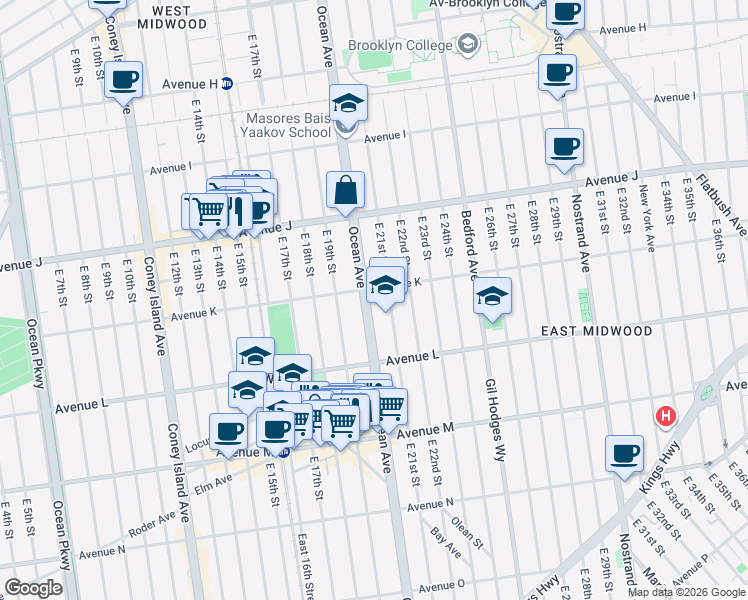 map of restaurants, bars, coffee shops, grocery stores, and more near 2001 Avenue K in Brooklyn