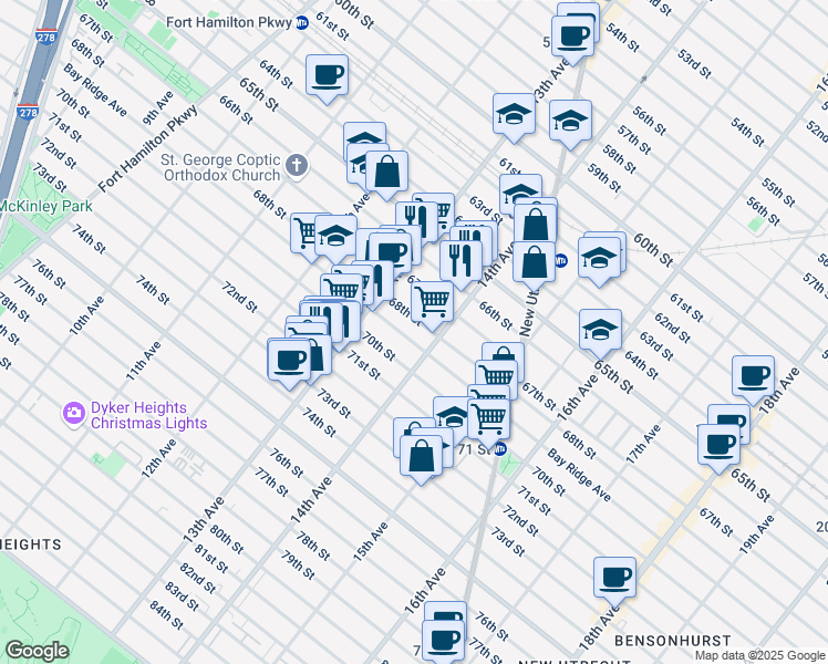 map of restaurants, bars, coffee shops, grocery stores, and more near 1353 Bay Ridge Avenue in Brooklyn