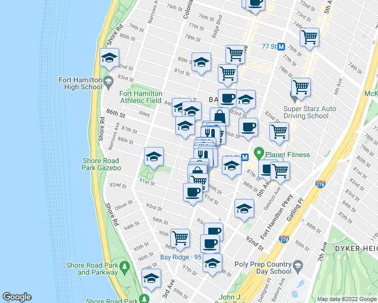 map of restaurants, bars, coffee shops, grocery stores, and more near 8601 Ridge Boulevard in Brooklyn