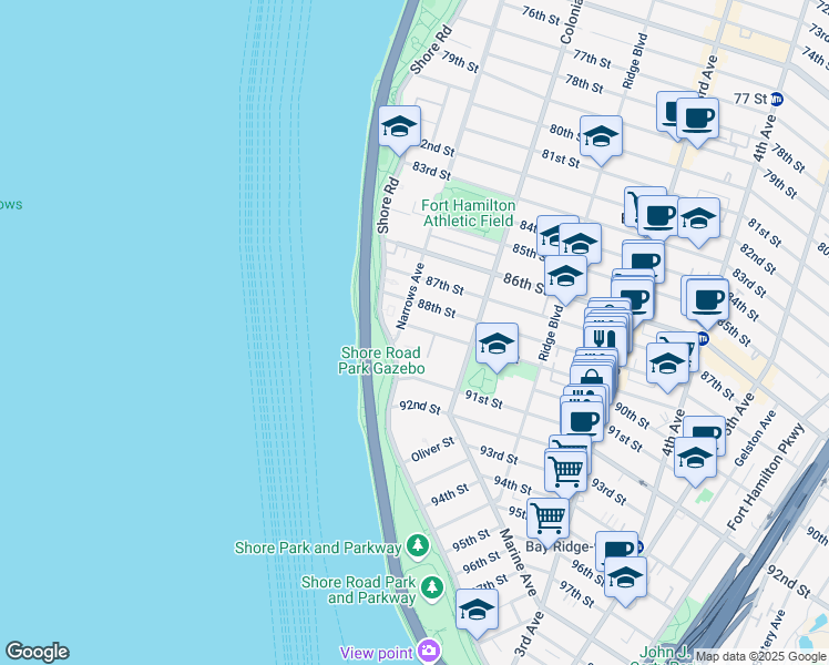 map of restaurants, bars, coffee shops, grocery stores, and more near 8901 Narrows Avenue in Brooklyn