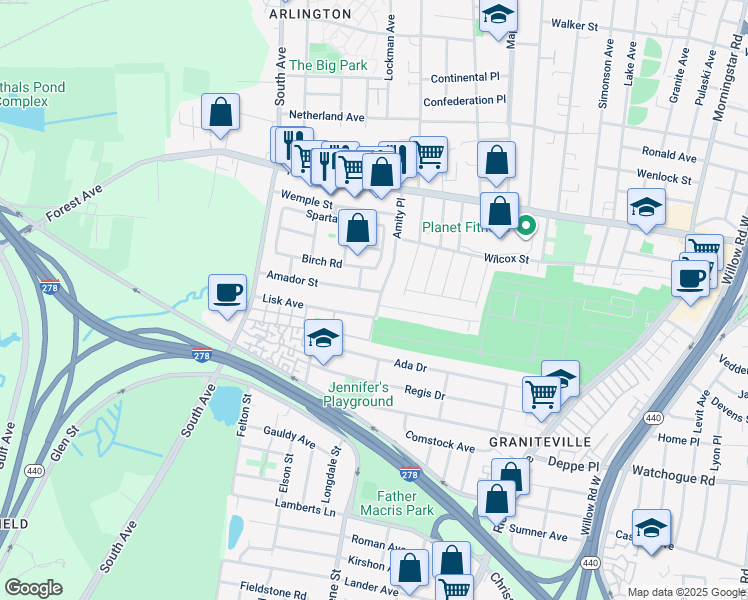 map of restaurants, bars, coffee shops, grocery stores, and more near 20 Amador Street in Staten Island