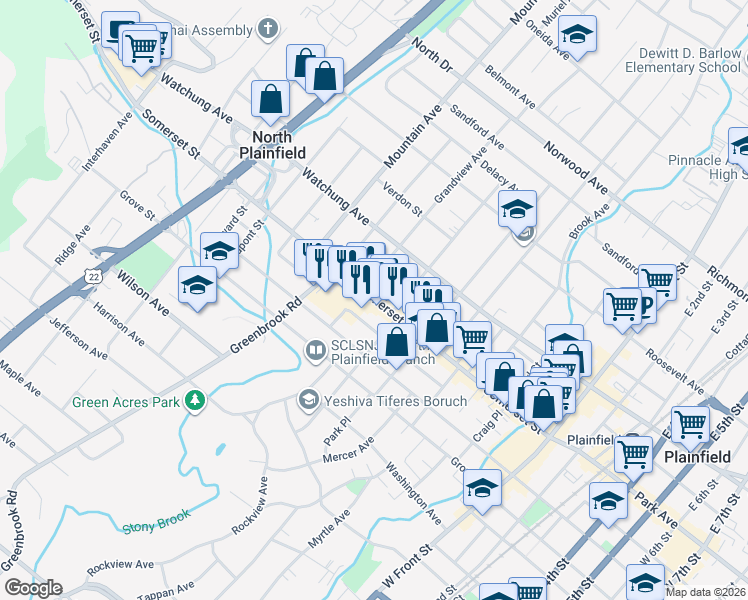 map of restaurants, bars, coffee shops, grocery stores, and more near 384 Somerset Street in North Plainfield