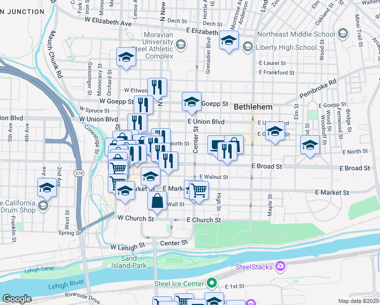 map of restaurants, bars, coffee shops, grocery stores, and more near 47 East Raspberry Street in Bethlehem
