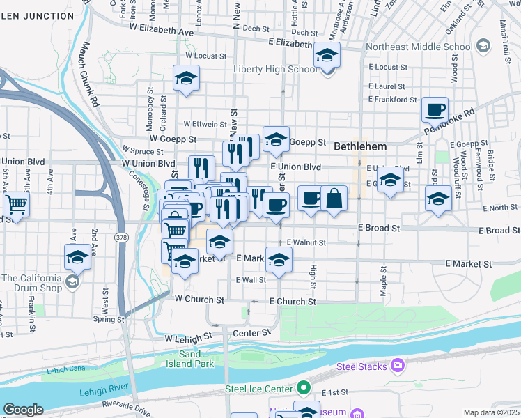 map of restaurants, bars, coffee shops, grocery stores, and more near 47 East Raspberry Street in Bethlehem