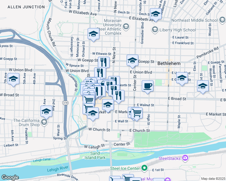 map of restaurants, bars, coffee shops, grocery stores, and more near 21 East Raspberry Street in Bethlehem