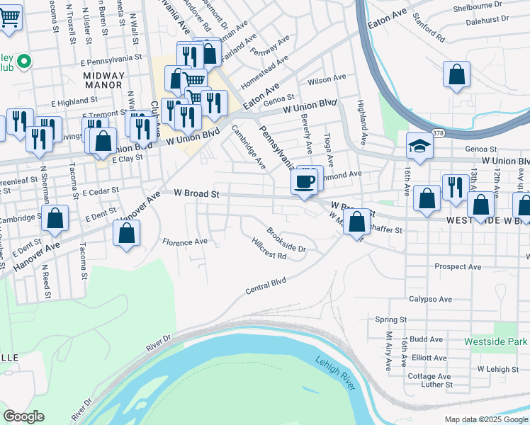 map of restaurants, bars, coffee shops, grocery stores, and more near 1968 Glendale Avenue in Bethlehem
