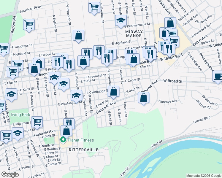 map of restaurants, bars, coffee shops, grocery stores, and more near 827 North Sherman Street in Allentown