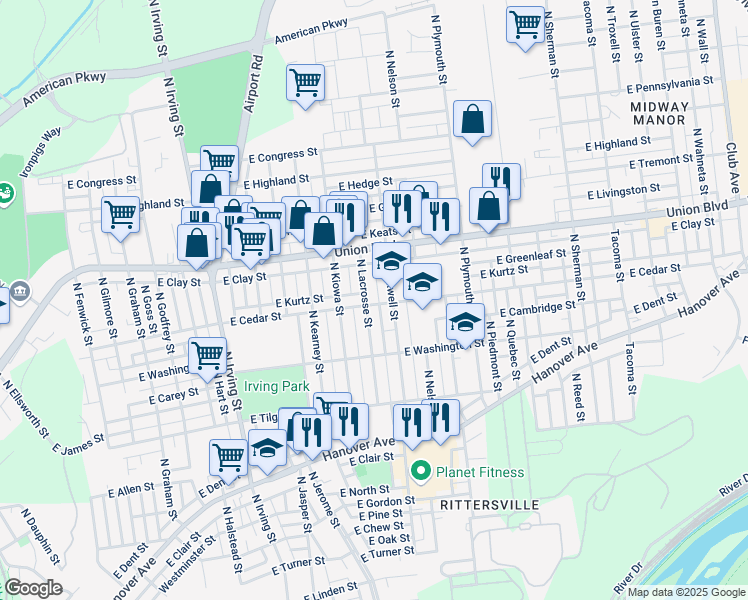 map of restaurants, bars, coffee shops, grocery stores, and more near 845 North Lacrosse Street in Allentown