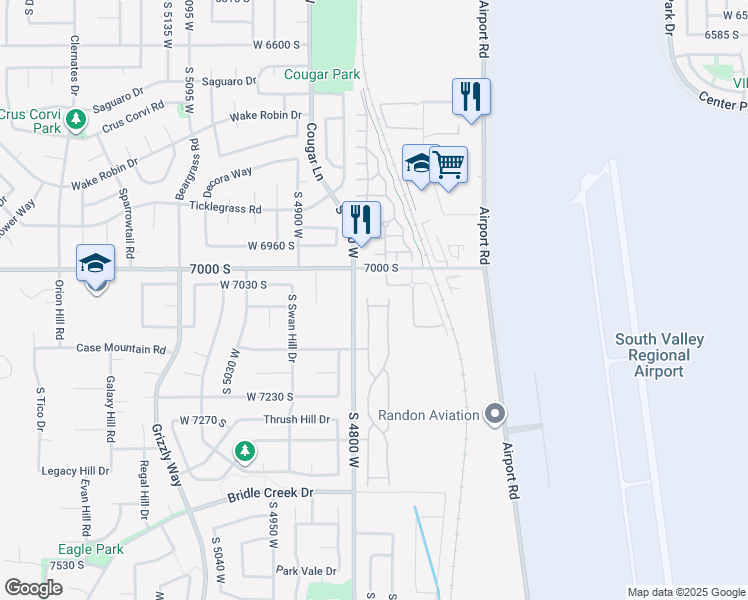 map of restaurants, bars, coffee shops, grocery stores, and more near 7071 South Kristilyn Lane in West Jordan