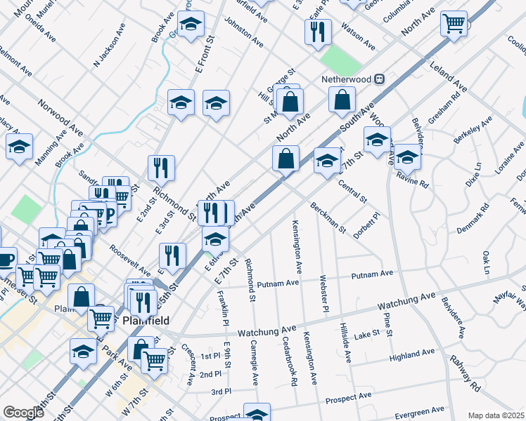 map of restaurants, bars, coffee shops, grocery stores, and more near 619 East 6th Street in Plainfield