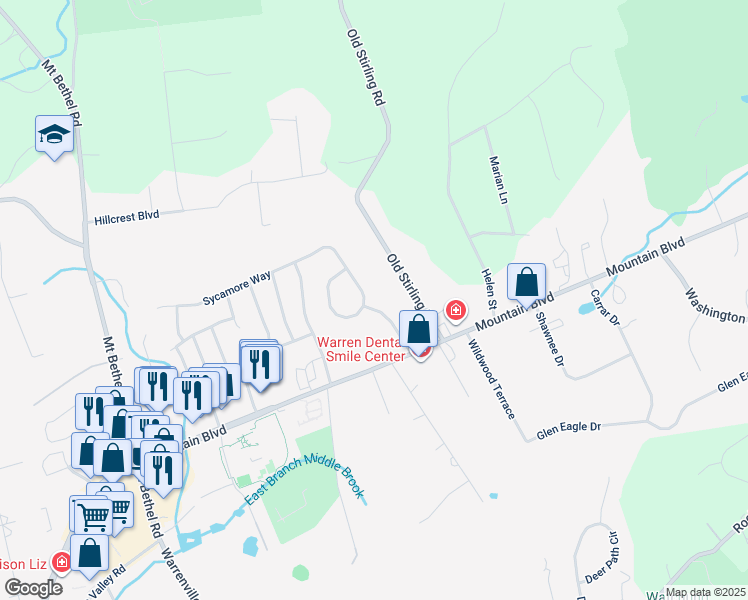 map of restaurants, bars, coffee shops, grocery stores, and more near 10 Peach Tree Lane in Warren