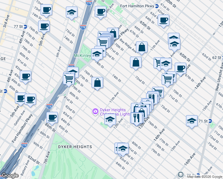 map of restaurants, bars, coffee shops, grocery stores, and more near 1057 76th Street in Brooklyn