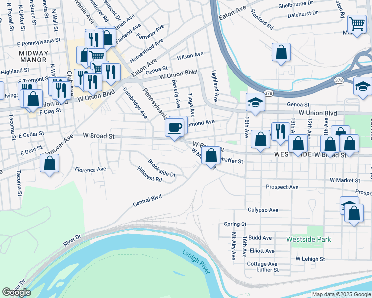map of restaurants, bars, coffee shops, grocery stores, and more near 1881 West Market Street in Bethlehem