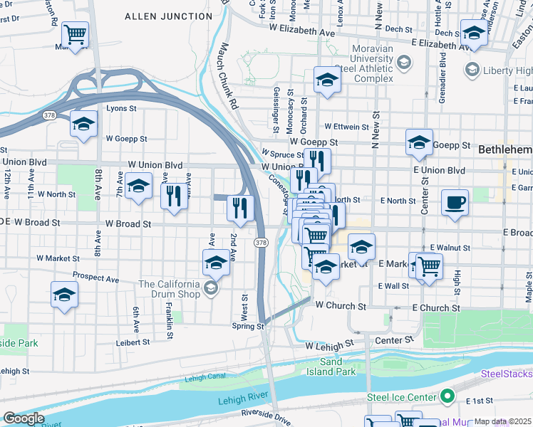 map of restaurants, bars, coffee shops, grocery stores, and more near 621 Terrace Avenue in Bethlehem