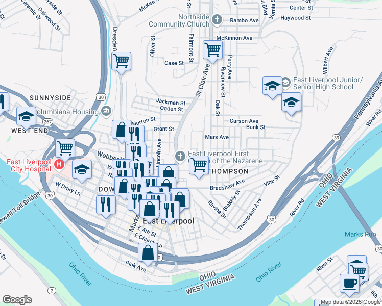 map of restaurants, bars, coffee shops, grocery stores, and more near 737 Sophia Street in East Liverpool