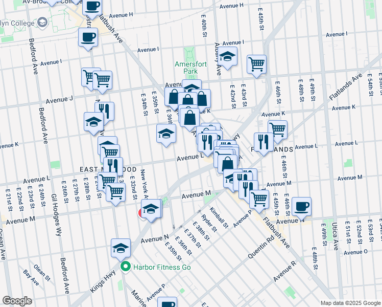 map of restaurants, bars, coffee shops, grocery stores, and more near 1362 East 37th Street in Brooklyn