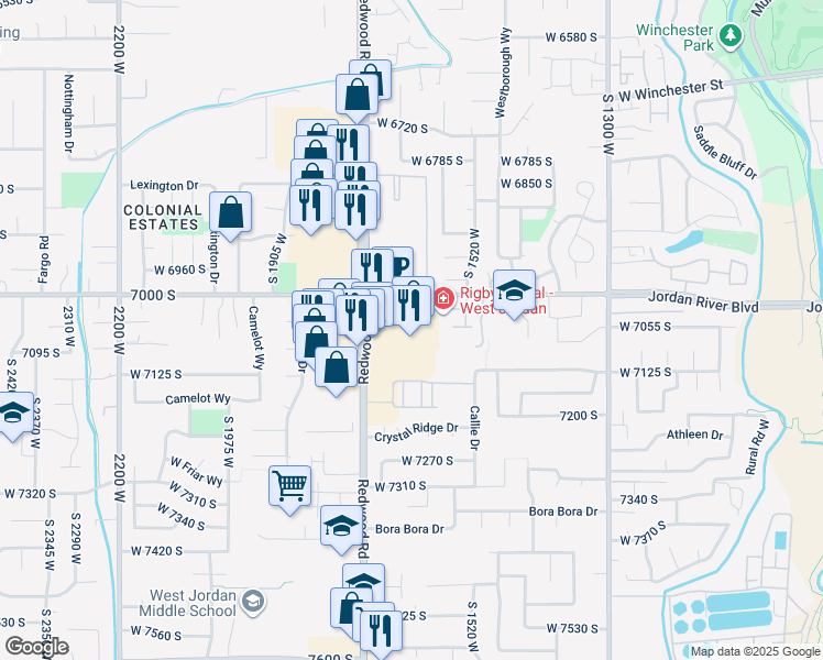 map of restaurants, bars, coffee shops, grocery stores, and more near 7061 South Redwood Road in West Jordan