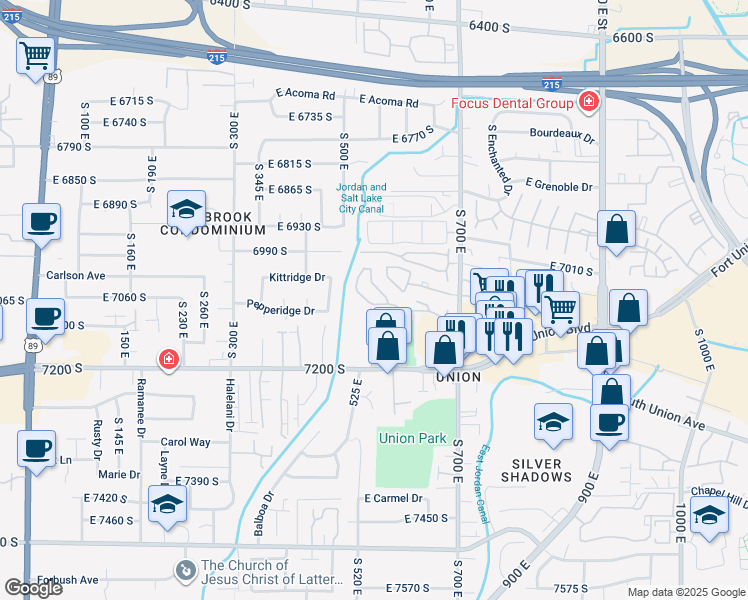 map of restaurants, bars, coffee shops, grocery stores, and more near 579 East Villager Lane in Midvale
