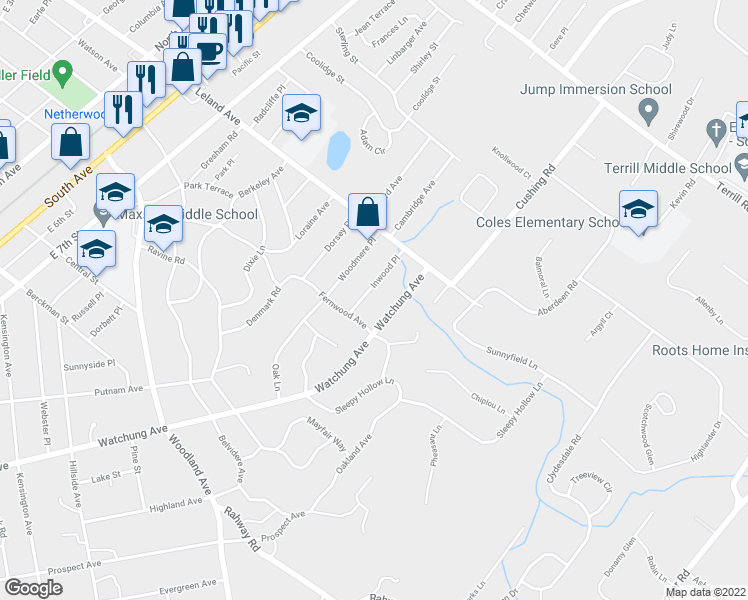 map of restaurants, bars, coffee shops, grocery stores, and more near 1120 Inwood Place in Plainfield
