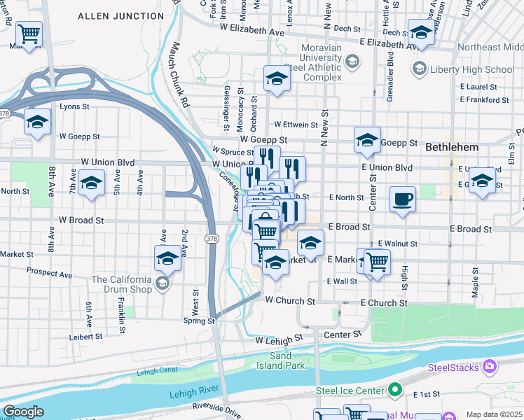 map of restaurants, bars, coffee shops, grocery stores, and more near 621 Main Street in Bethlehem