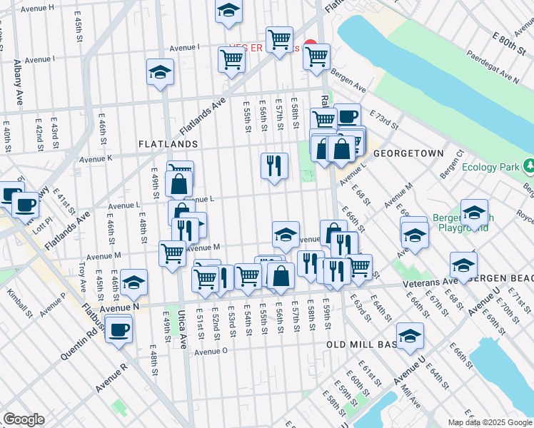 map of restaurants, bars, coffee shops, grocery stores, and more near 1336 East 56th Street in Brooklyn