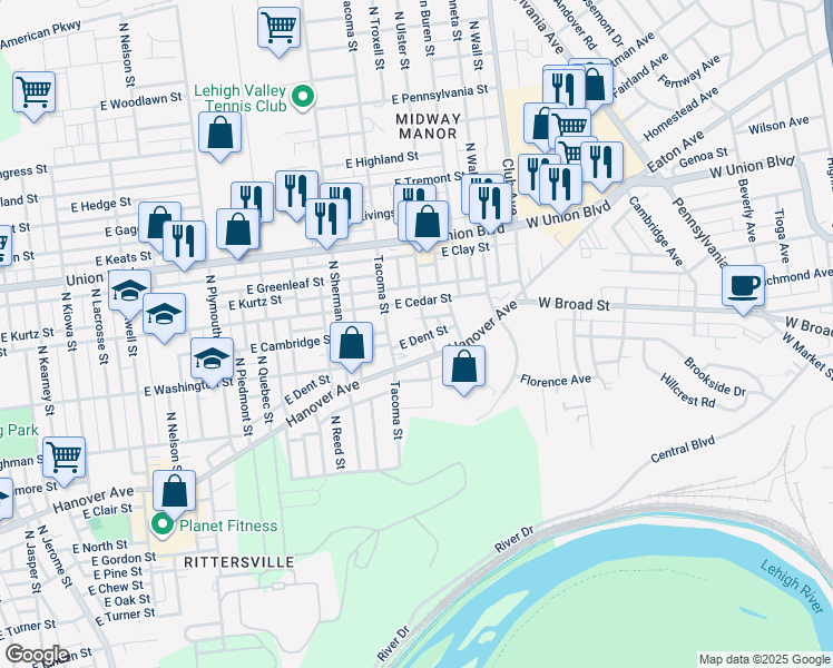map of restaurants, bars, coffee shops, grocery stores, and more near 814 North Ulster Street in Allentown