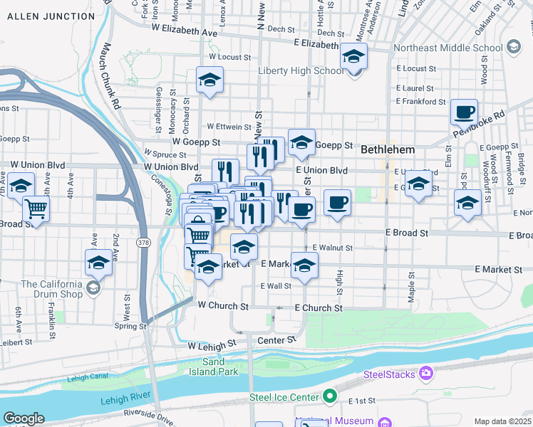 map of restaurants, bars, coffee shops, grocery stores, and more near 21 East Raspberry Street in Bethlehem