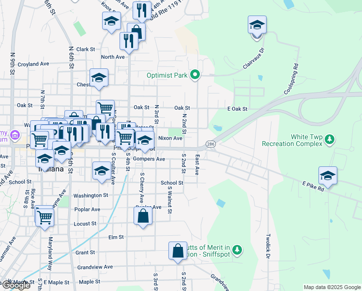 map of restaurants, bars, coffee shops, grocery stores, and more near 205 Philadelphia Street in Indiana