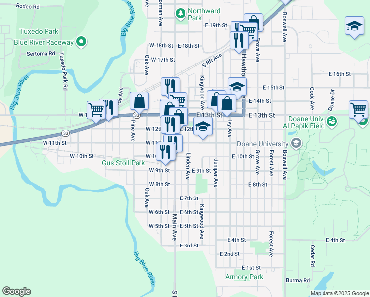 map of restaurants, bars, coffee shops, grocery stores, and more near 1035 Linden Avenue in Crete