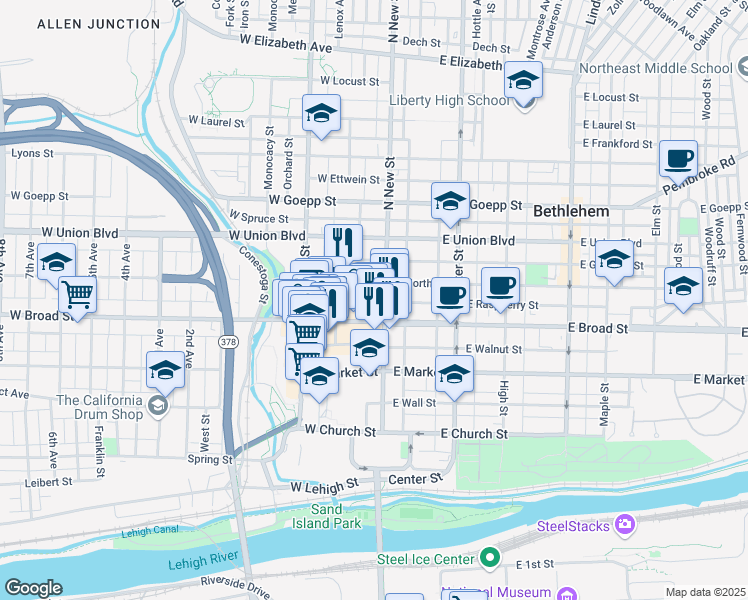 map of restaurants, bars, coffee shops, grocery stores, and more near 10 West Raspberry Street in Bethlehem