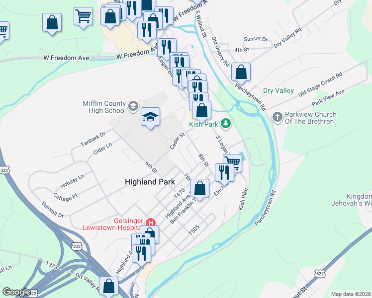 map of restaurants, bars, coffee shops, grocery stores, and more near 2-36 Laurel Street in Lewistown