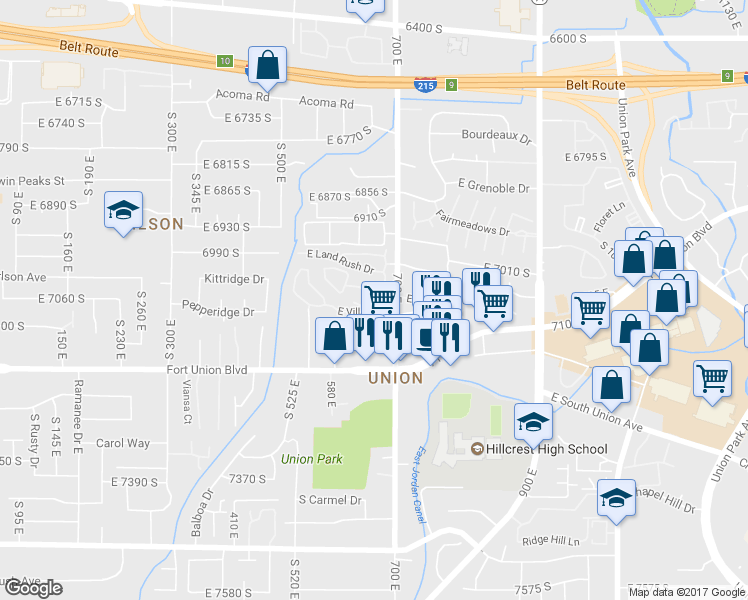 map of restaurants, bars, coffee shops, grocery stores, and more near 667 Fort Union Boulevard in Midvale