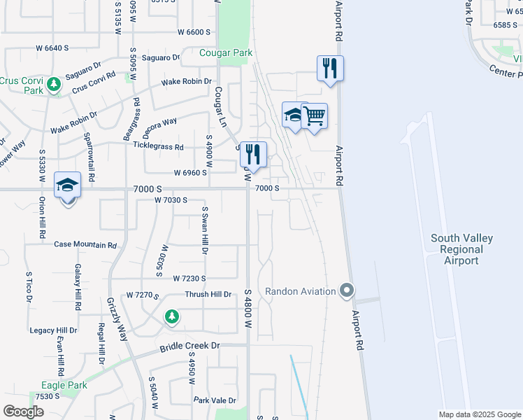map of restaurants, bars, coffee shops, grocery stores, and more near 7071 South Kristilyn Lane in West Jordan