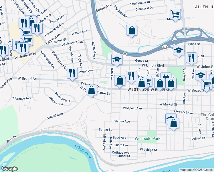 map of restaurants, bars, coffee shops, grocery stores, and more near 1712 West Broad Street in Bethlehem