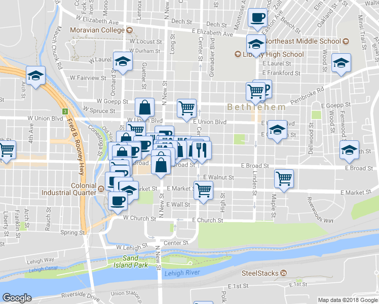 map of restaurants, bars, coffee shops, grocery stores, and more near 57 East Raspberry Street in Bethlehem