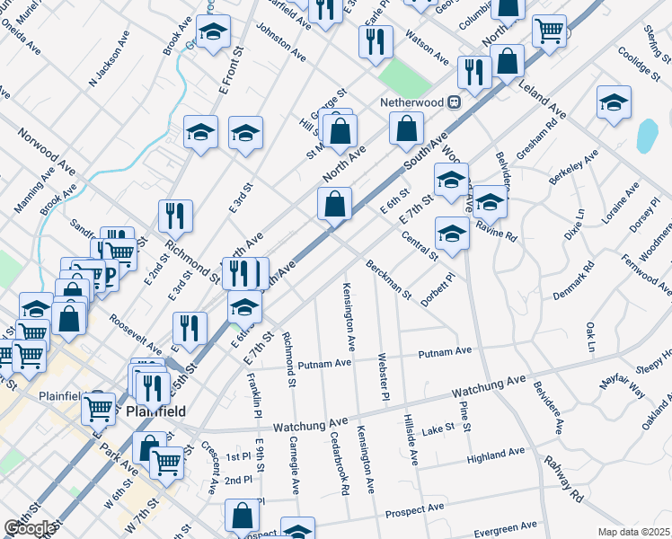 map of restaurants, bars, coffee shops, grocery stores, and more near 643 East 7th Street in Plainfield